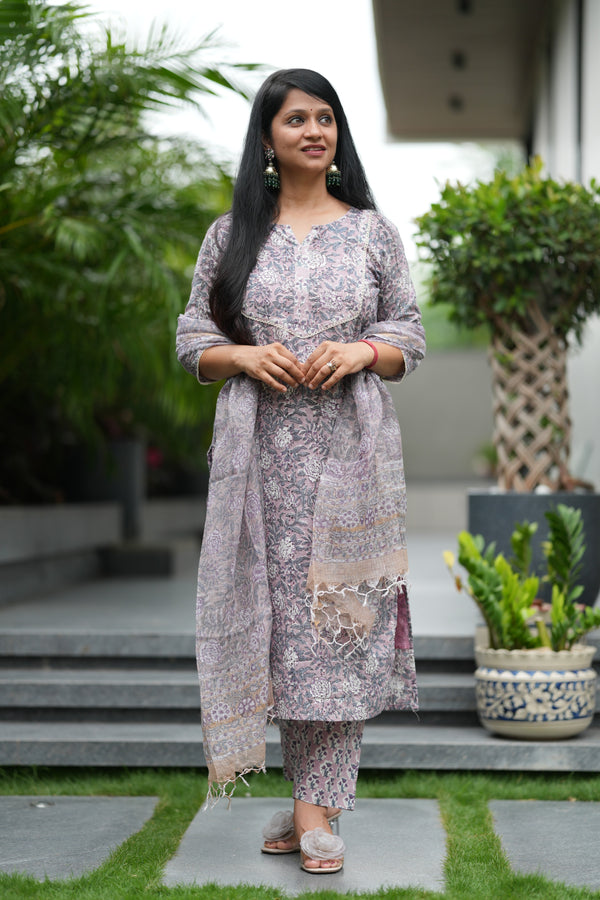 Aarini Schiffli Hand block Cotton Suit Set with Doria Dupatta