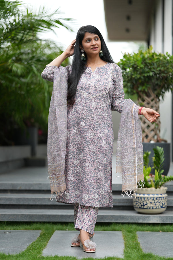 Aarini Schiffli Hand block Cotton Suit Set with Doria Dupatta