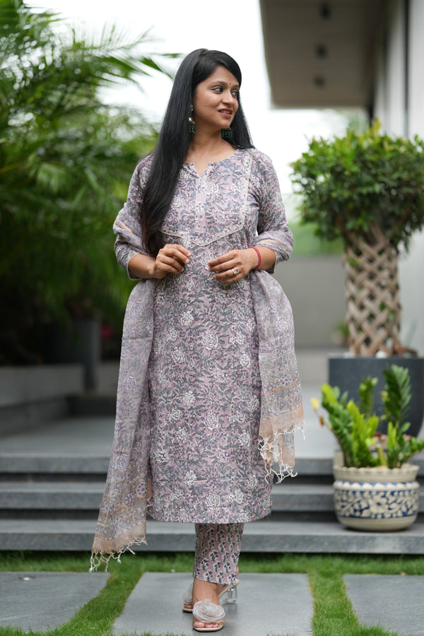 Aarini Schiffli Hand block Cotton Suit Set with Doria Dupatta