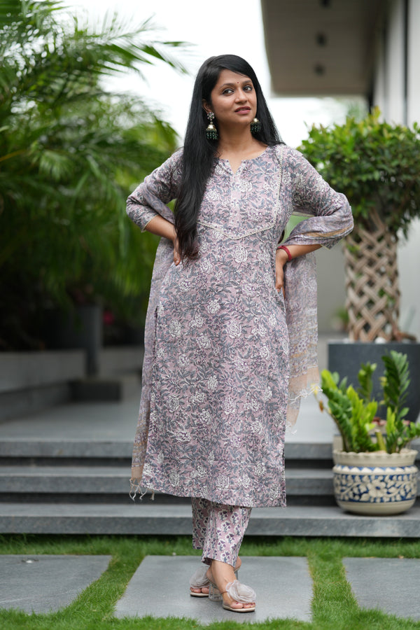 Aarini Schiffli Hand block Cotton Suit Set with Doria Dupatta