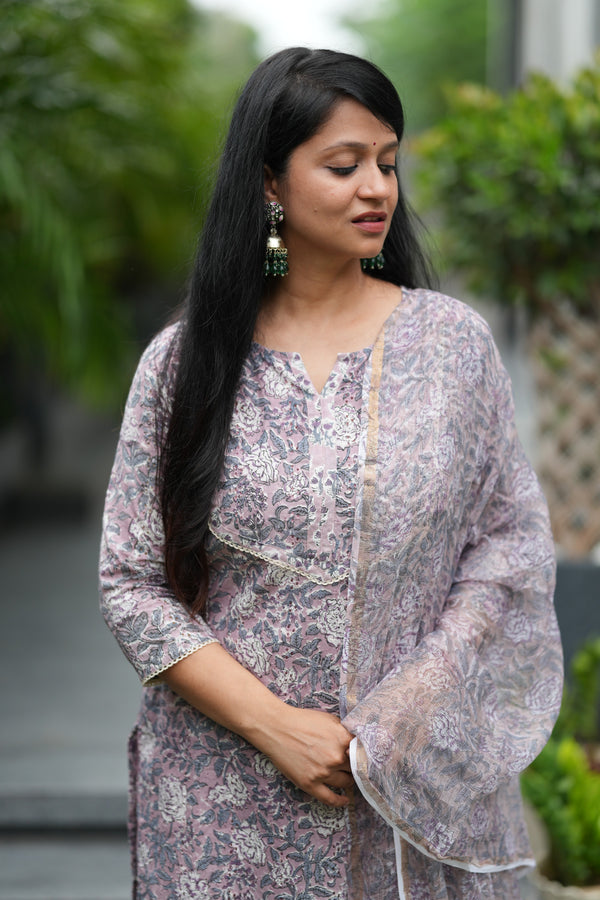 Aarini Schiffli Hand block Cotton Suit Set with Doria Dupatta