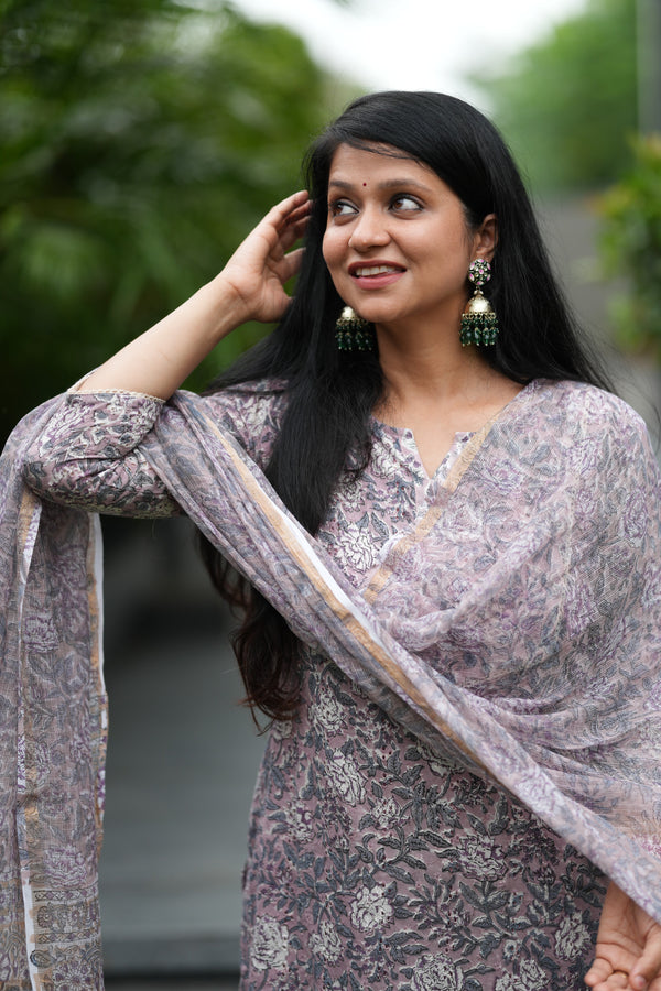 Aarini Schiffli Hand block Cotton Suit Set with Doria Dupatta