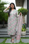 Yazhini Schiffli Hand block Cotton Suit Set with Doria Dupatta