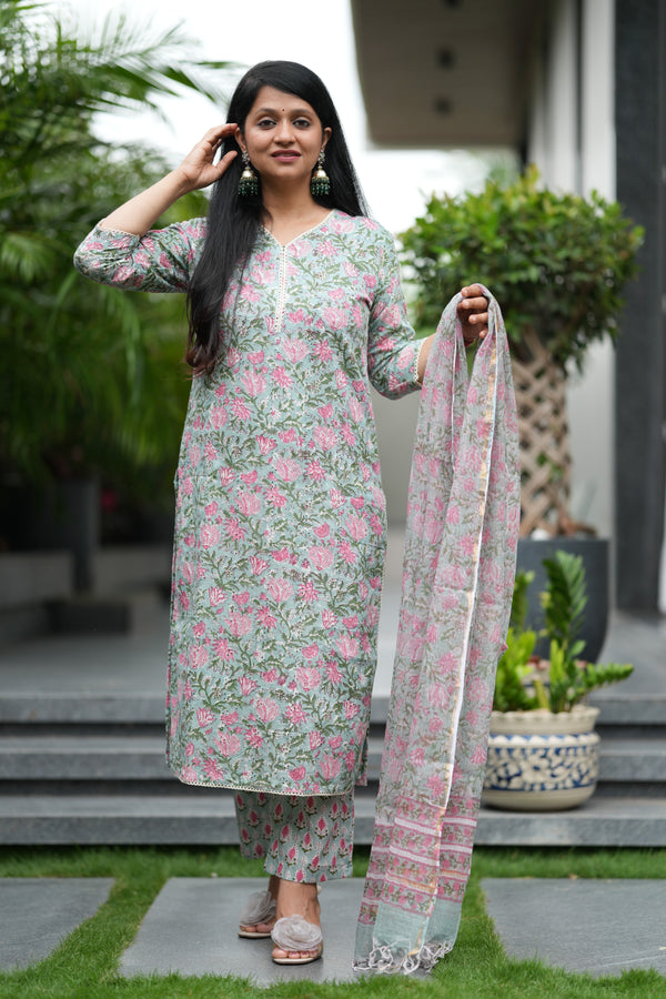 Yazhini Schiffli Hand block Cotton Suit Set with Doria Dupatta