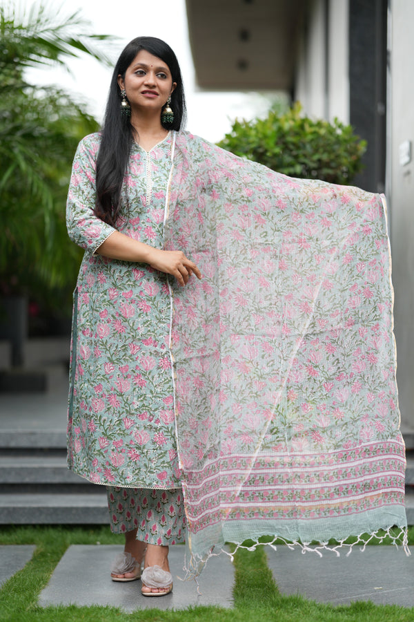 Yazhini Schiffli Hand block Cotton Suit Set with Doria Dupatta