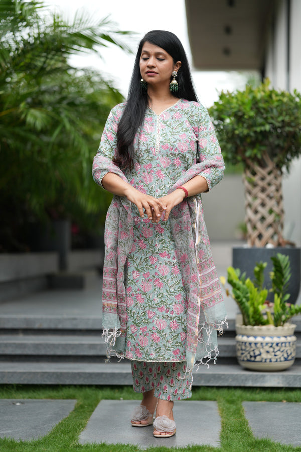 Yazhini Schiffli Hand block Cotton Suit Set with Doria Dupatta
