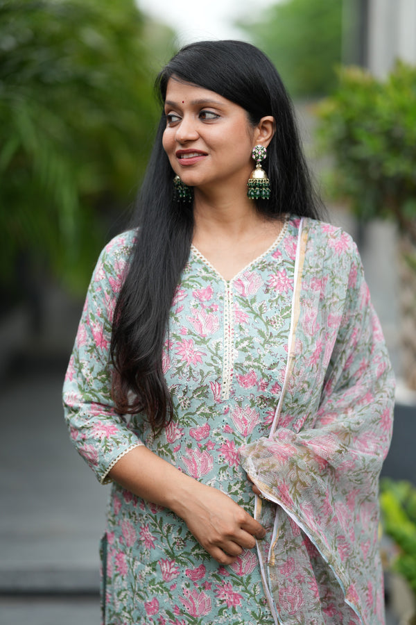 Yazhini Schiffli Hand block Cotton Suit Set with Doria Dupatta
