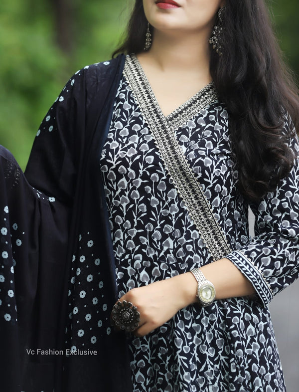 “Noor” Black Cotton Anarkali Set