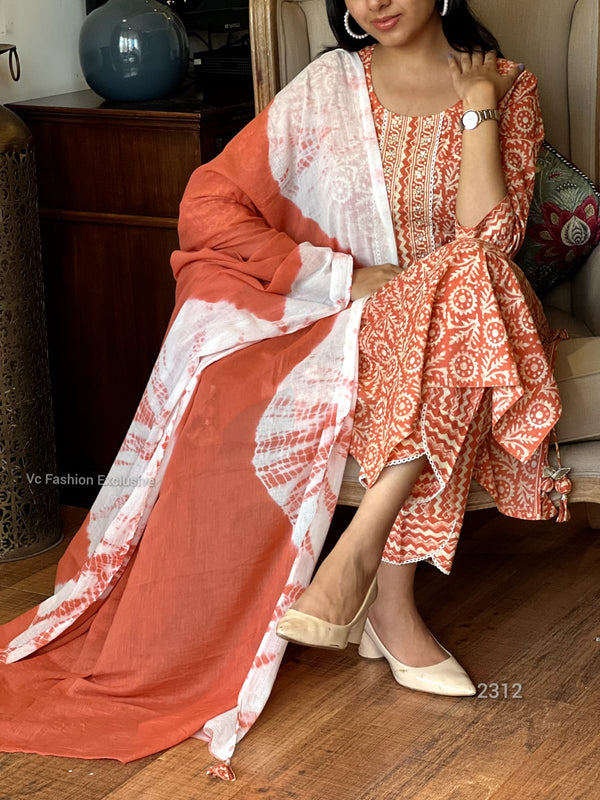 "Rust Radiance" Printed Cotton kurta Pant set