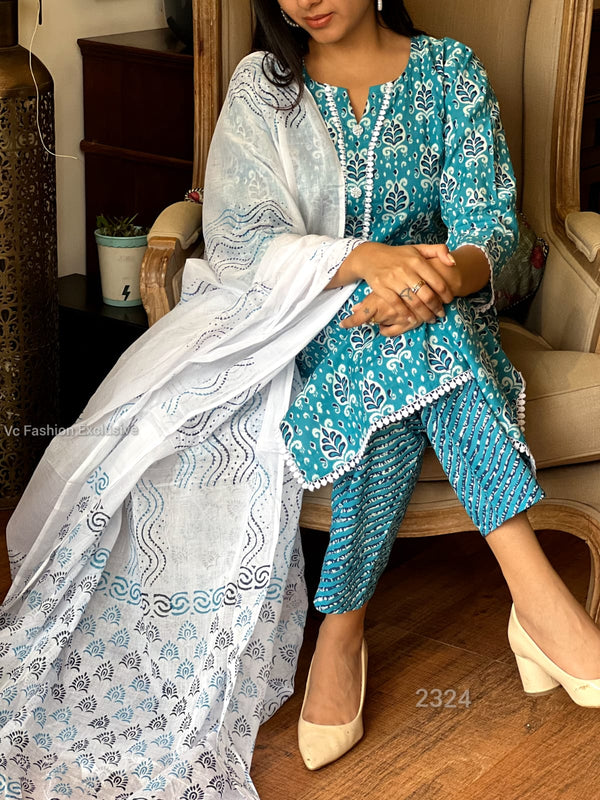 Aqua Bloom Cotton Kurta Set