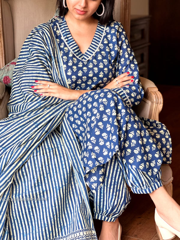 Indigo Bloom Kurta Set – Cotton Elegance with Striped Charm