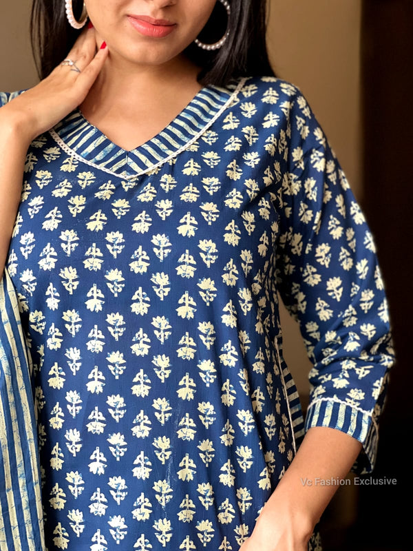 Indigo Bloom Kurta Set – Cotton Elegance with Striped Charm