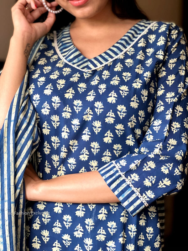 Indigo Bloom Kurta Set – Cotton Elegance with Striped Charm
