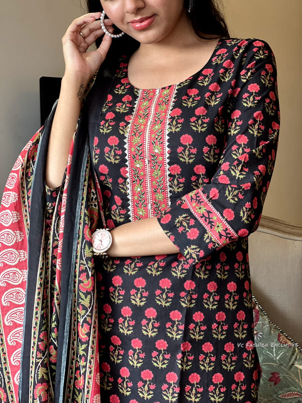 Chand - Black & Red Blossom Cotton Set
