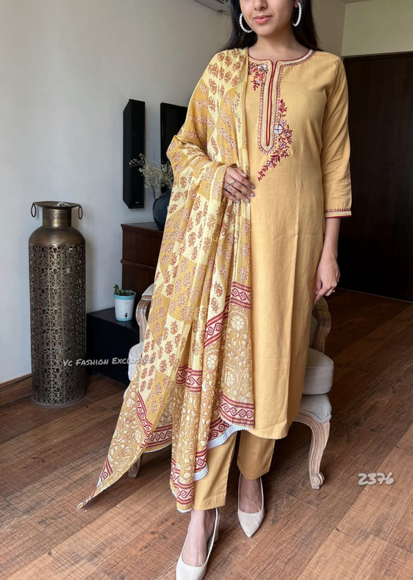 Mustard Blossom Embroidered Cotton Suit Set