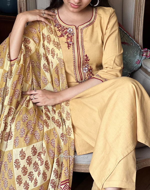 Mustard Blossom Embroidered Cotton Suit Set