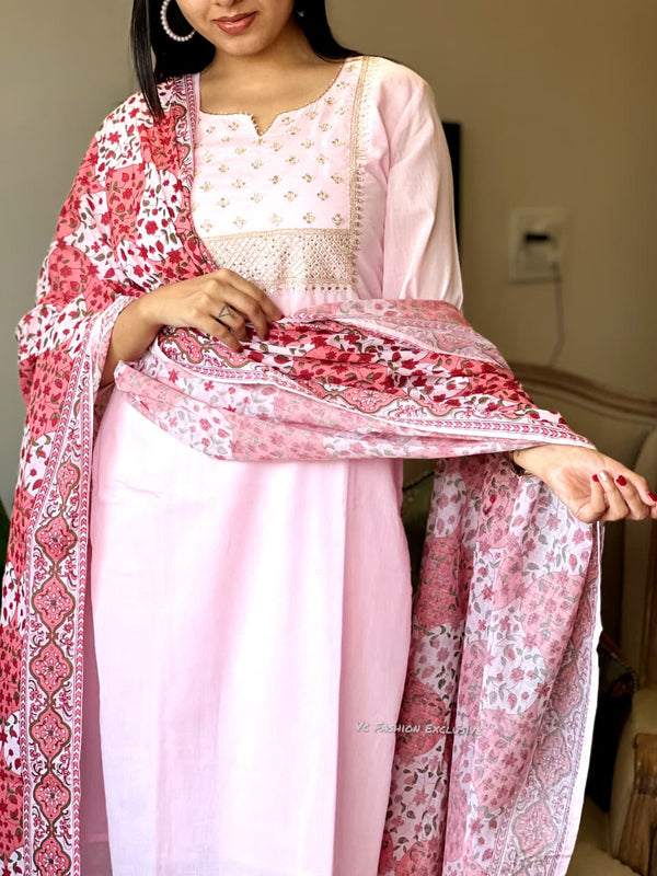 Blush Bloom Cotton Suit Set-Attached lining