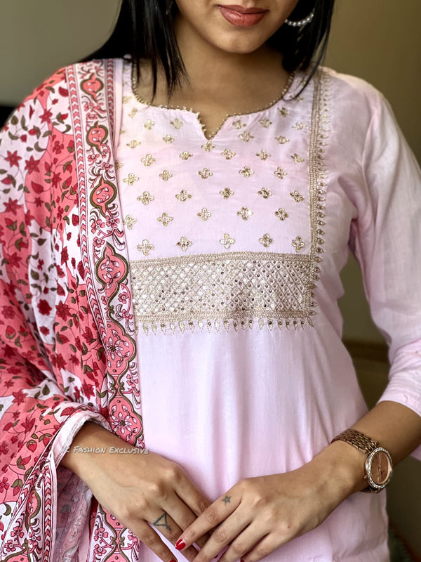 Blush Bloom Cotton Suit Set-Attached lining