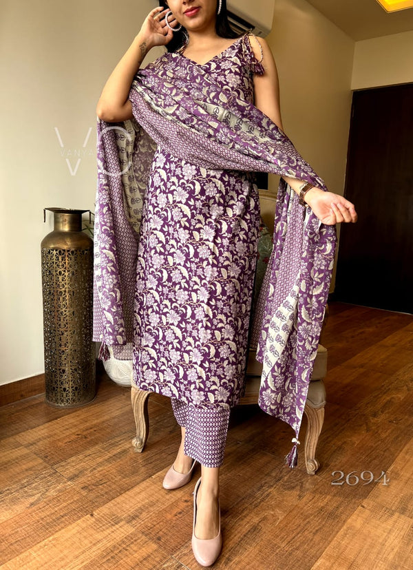 Gulmohar Grape Handblock Suit Set