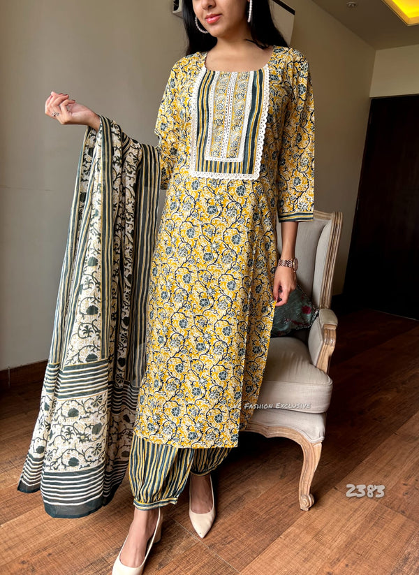 Sunburst Elegance – Yellow Floral Cotton Suit Set