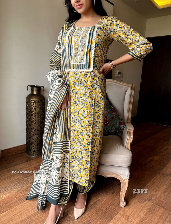 Sunburst Elegance – Yellow Floral Cotton Suit Set