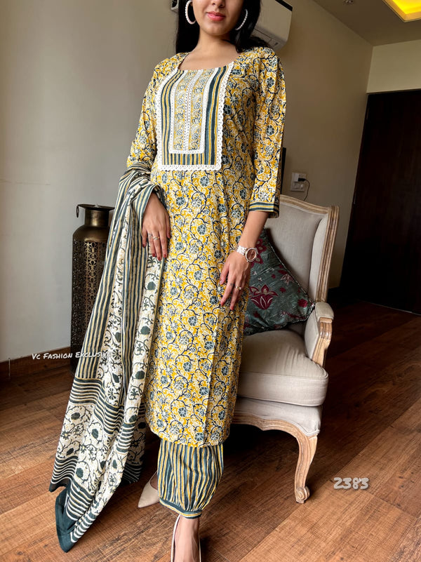 Sunburst Elegance – Yellow Floral Cotton Suit Set