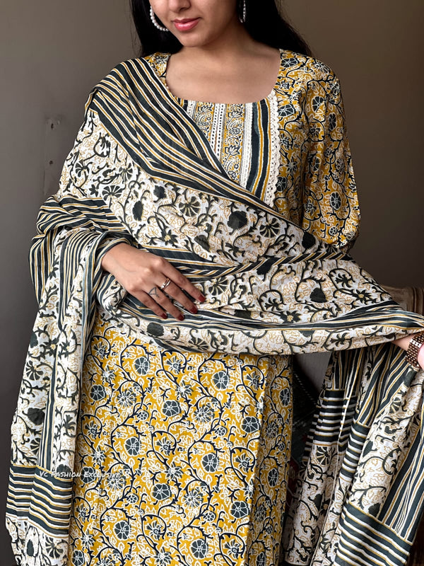 Sunburst Elegance – Yellow Floral Cotton Suit Set