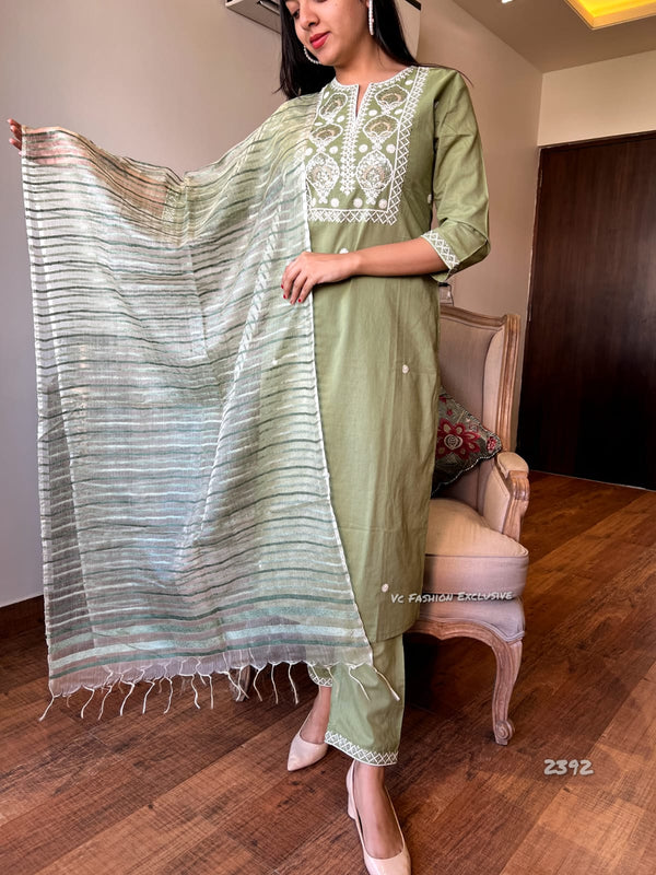 Olive Whisper Cotton Kurta Set