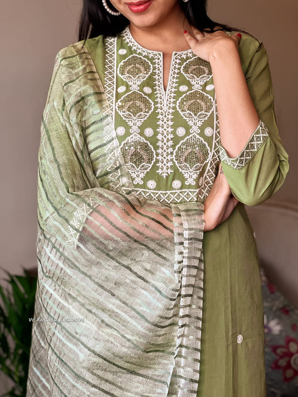 Olive Whisper Cotton Kurta Set