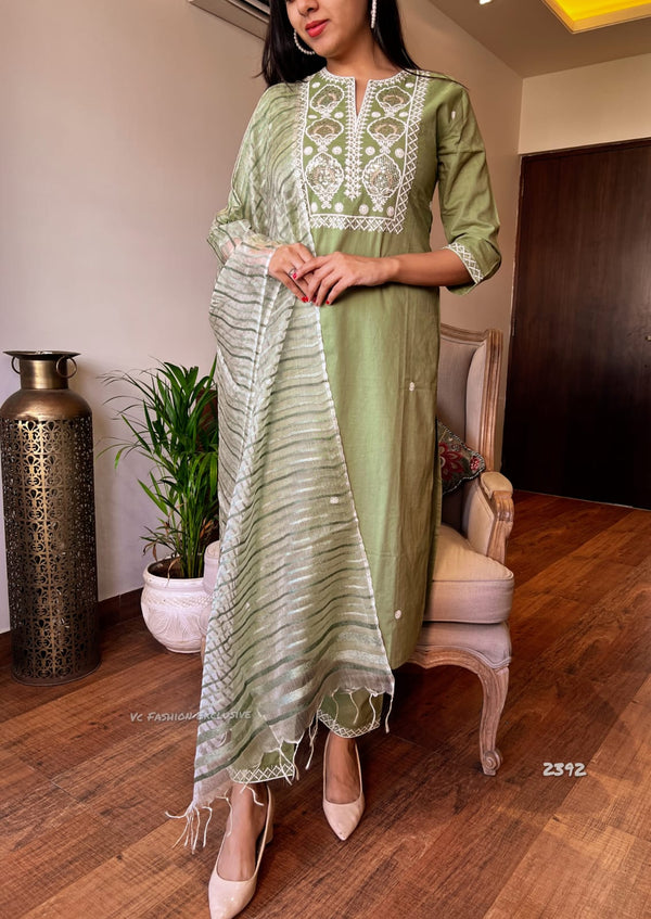 Olive Whisper Cotton Kurta Set