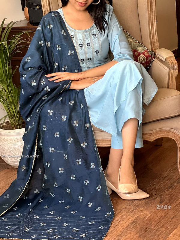 Misty Blue Bloom – Cotton Embroidered Suit Set