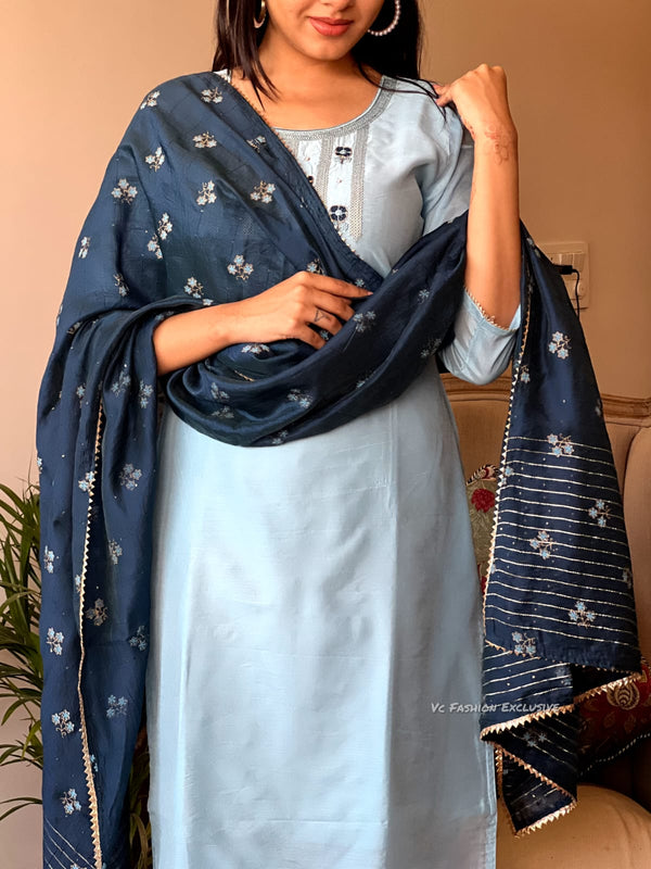 Misty Blue Bloom – Cotton Embroidered Suit Set