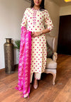 Polka Bloom Kurta Set – Ivory & Pink Magic ✨
