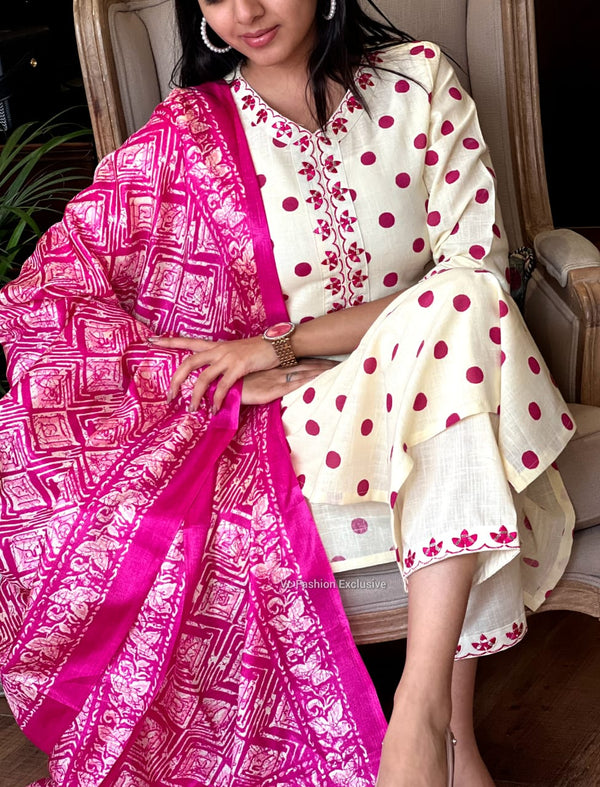 Polka Bloom Kurta Set – Ivory & Pink Magic ✨