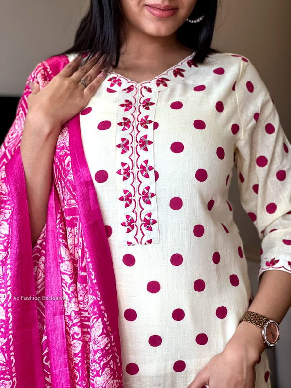 Polka Bloom Kurta Set – Ivory & Pink Magic ✨