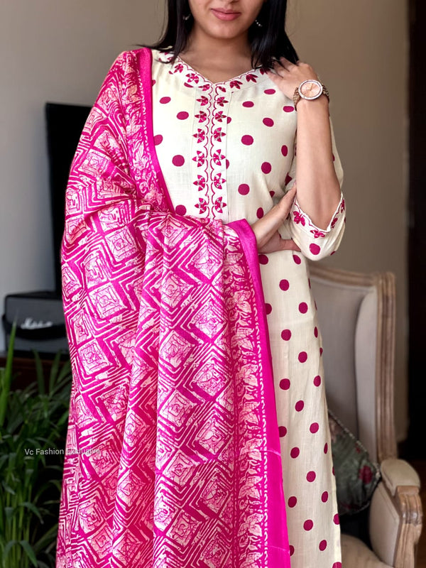 Polka Bloom Kurta Set – Ivory & Pink Magic ✨