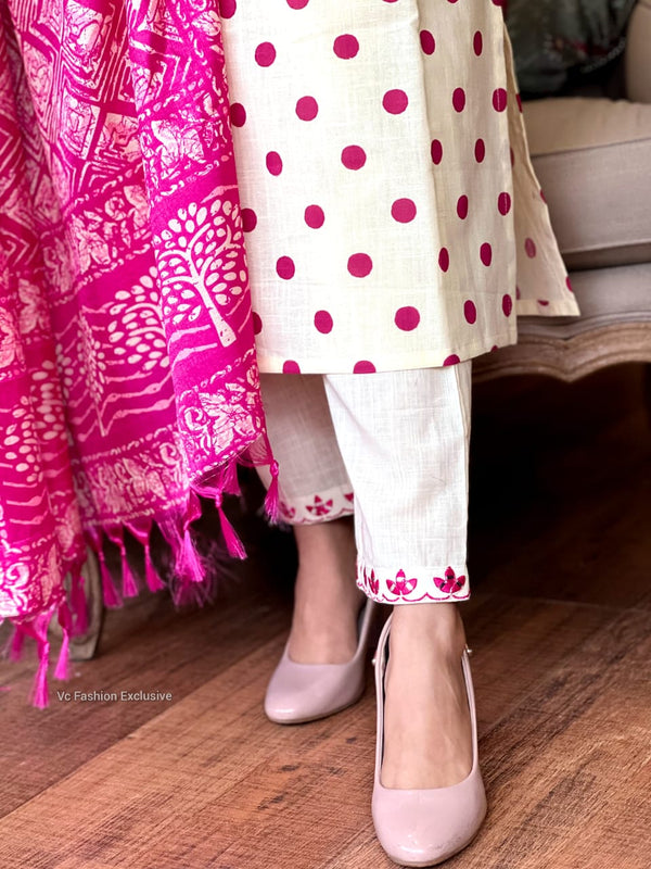 Polka Bloom Kurta Set – Ivory & Pink Magic ✨