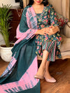 Teal Bloom Cotton Suit Set with Pink Dupatta