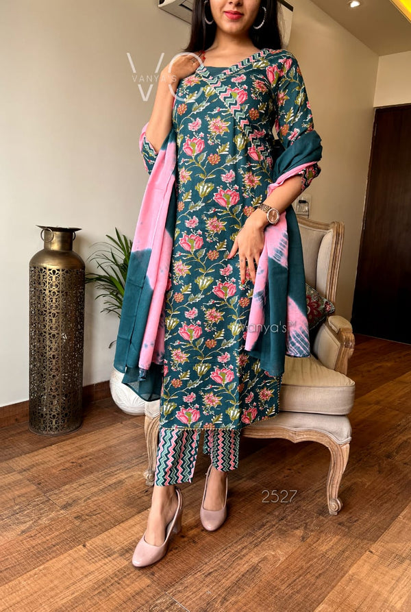 Teal Bloom Cotton Suit Set with Pink Dupatta