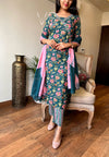 Teal Bloom Cotton Suit Set with Pink Dupatta
