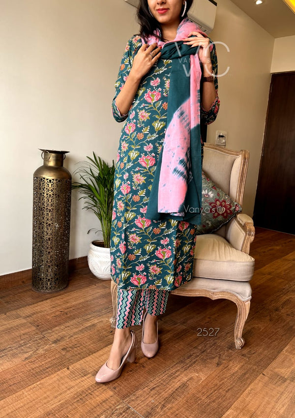 Teal Bloom Cotton Suit Set with Pink Dupatta