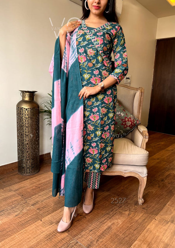 Teal Bloom Cotton Suit Set with Pink Dupatta