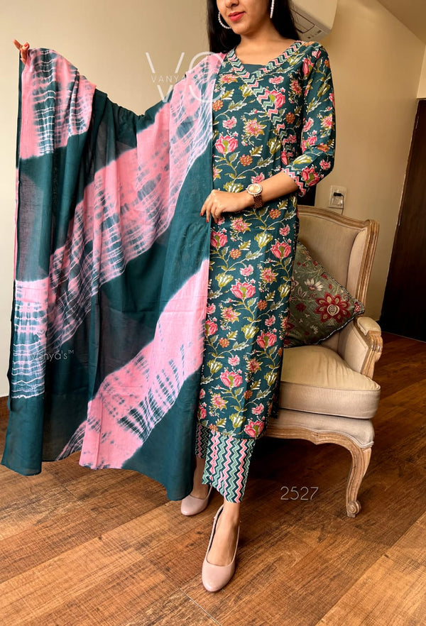 Teal Bloom Cotton Suit Set with Pink Dupatta