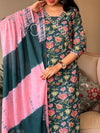 Teal Bloom Cotton Suit Set with Pink Dupatta