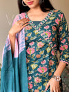 Teal Bloom Cotton Suit Set with Pink Dupatta
