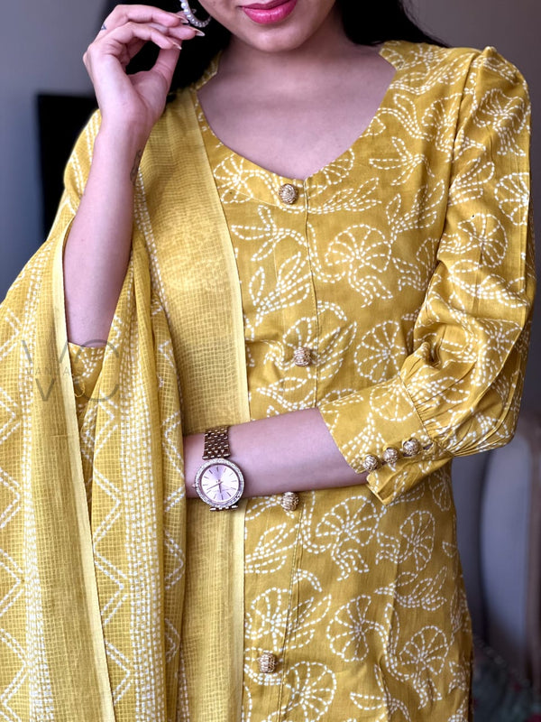 🌼 Sunshine Elegance – Yellow Printed Cotton Suit Set