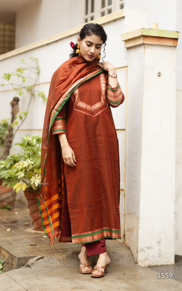 🌟 Terracotta Grace – Narayanpet Cotton Pattu