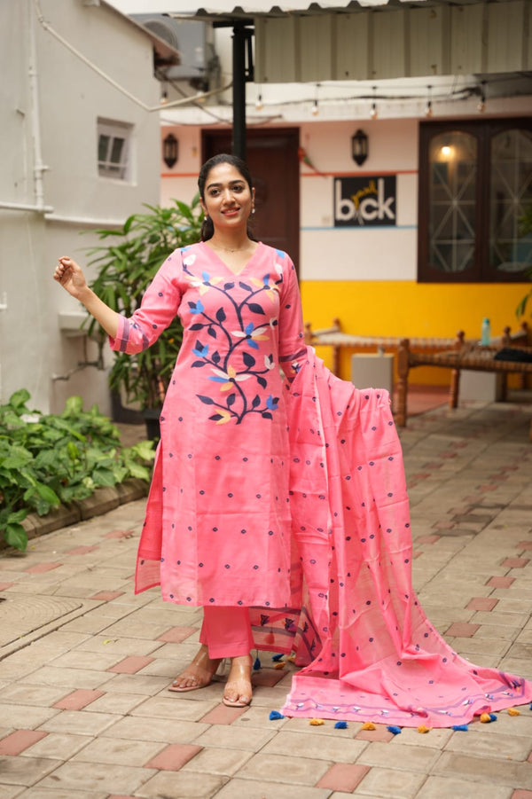 Blossom Peach Jamdani Cotton Suit Set