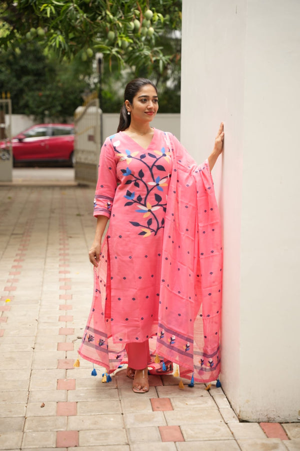 Blossom Peach Jamdani Cotton Suit Set