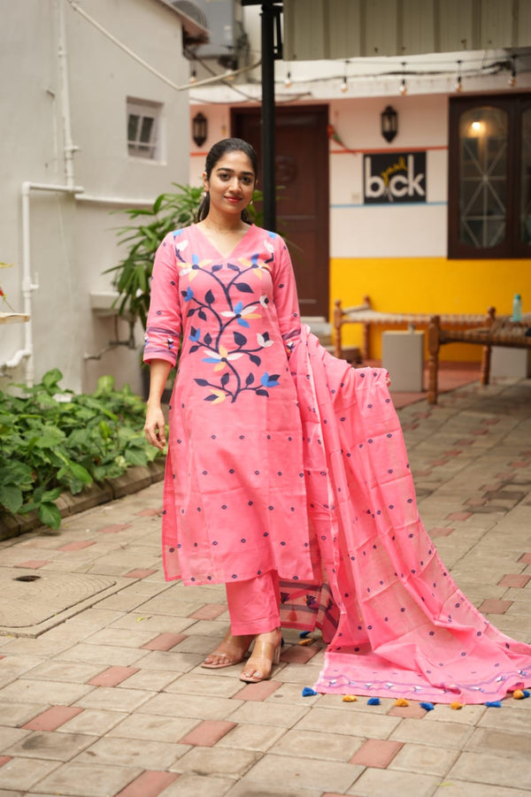 Blossom Peach Jamdani Cotton Suit Set